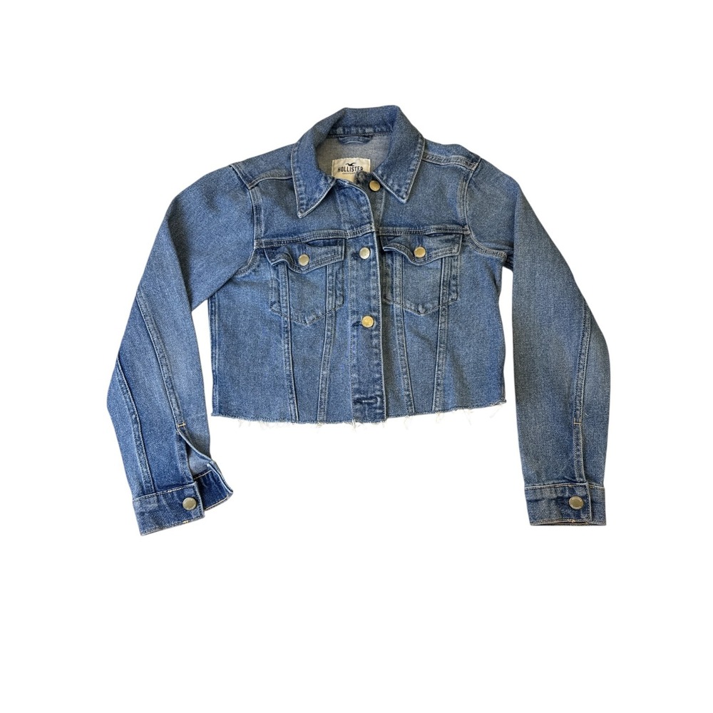 Hollister Cropped‎ Denim Jacket Frayed Hem Light Blue Y2K Aesthetic XS
